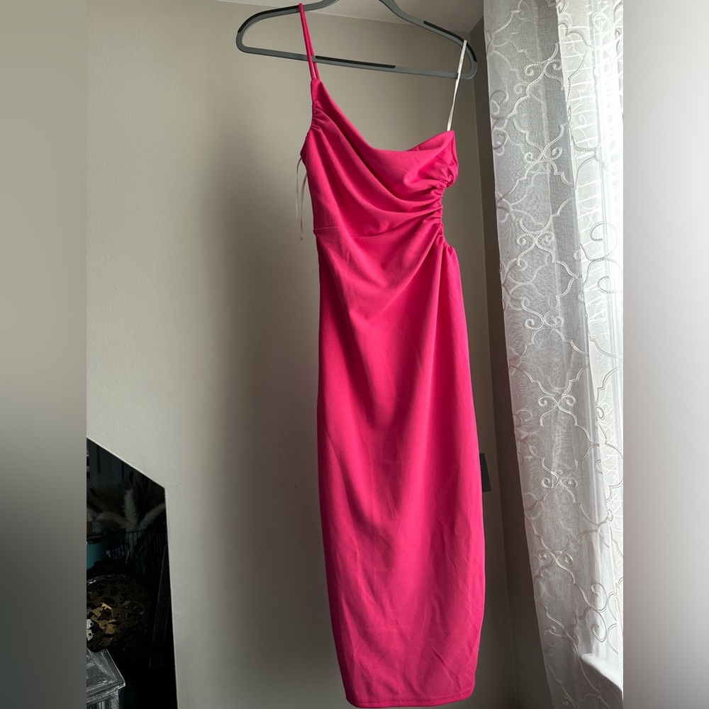 Lulus tea length hot pink dress with side cutout